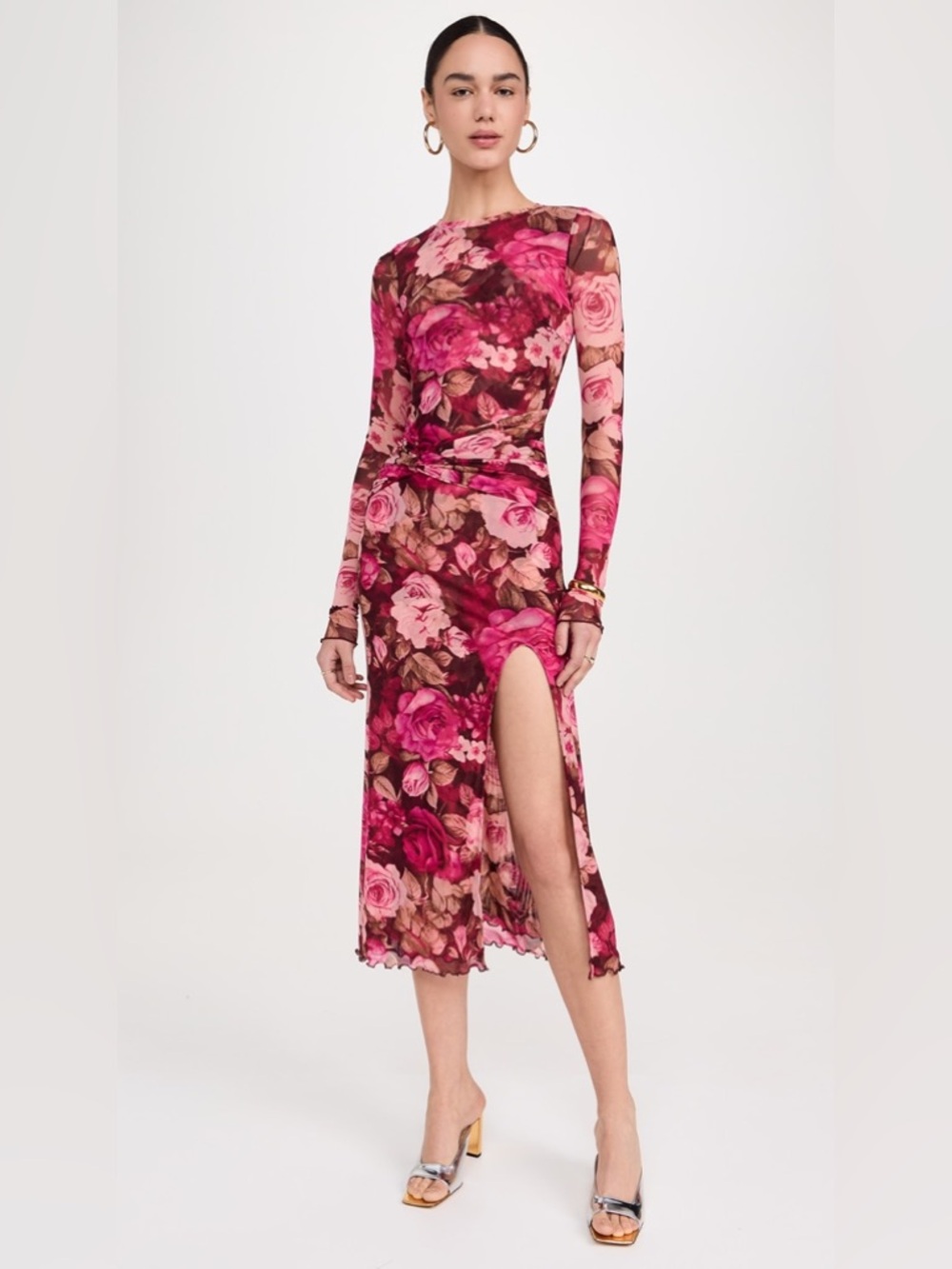 Free People XS Floral Mesh Midi Dress Pink Roses 💐 Ruched Side Slit Bodycon